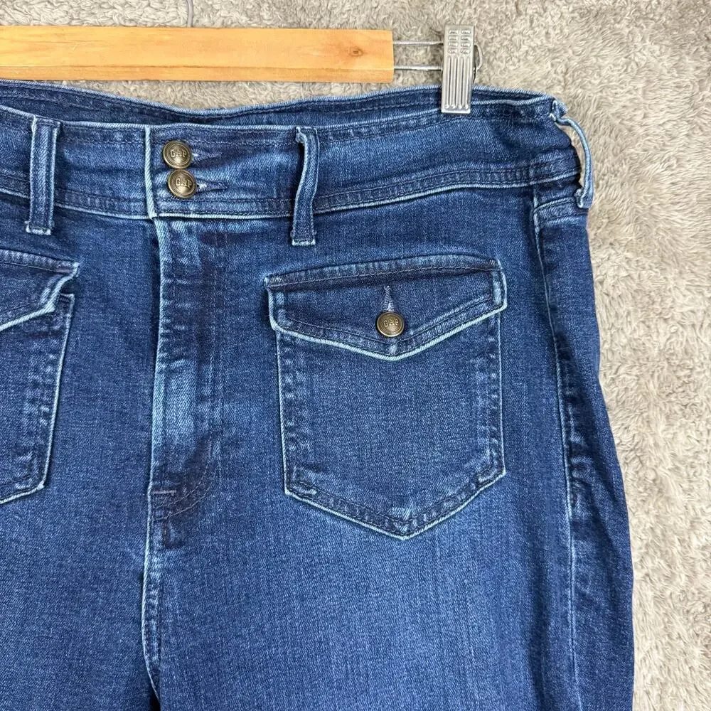 Gap 70s Flare High Rise Trouser Jeans 33 16 Flap Pockets Dark Wash
